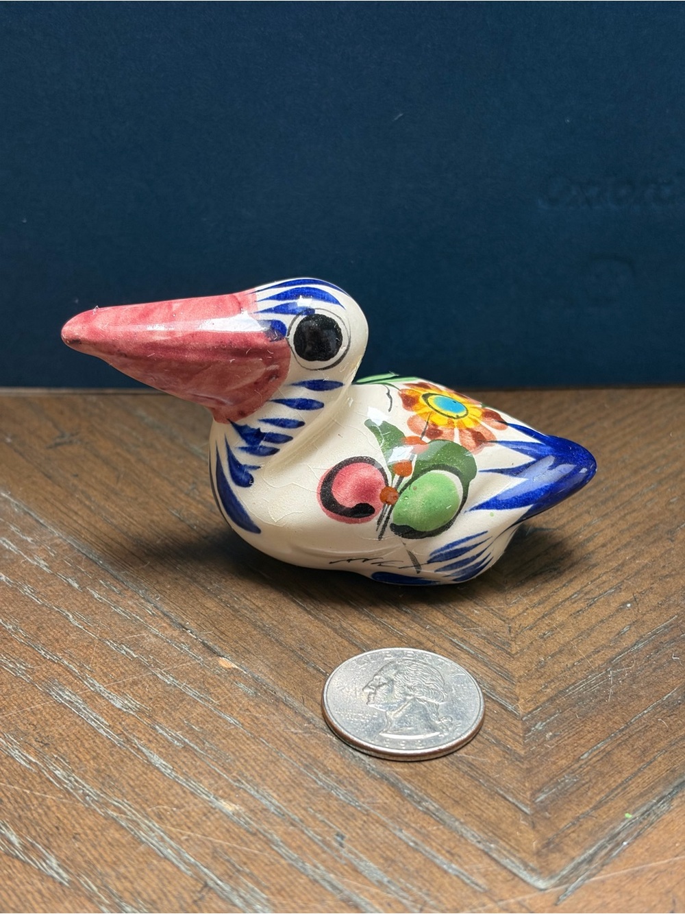 Vintage Hand Painted Ceramic Duck Figurine Folk Art Blue Red Floral